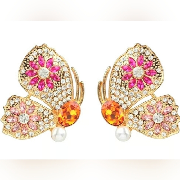 Large Retro Gold Plated Muticolor Crystal flower butterfly earrings - Picture 15 of 16